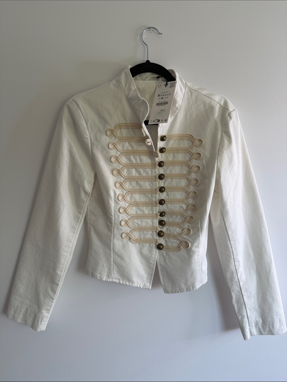 BNWT Zara White Military-Style Women's Jacket with Decorative Braid